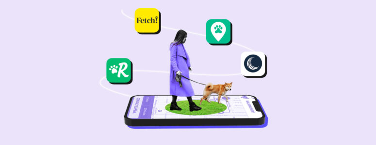 Dog walker standing on an oversized smartphone surrounded by icons for dog-walking apps