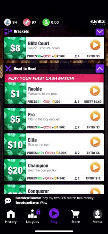 High- and low-stakes cash tournaments available on the 21 Blitz gaming app.