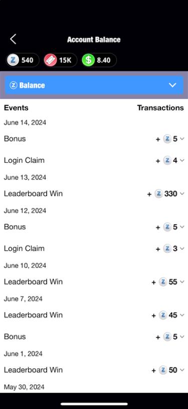 Leaderboard prizes of in-app credits on a 21 Blitz ledger.
