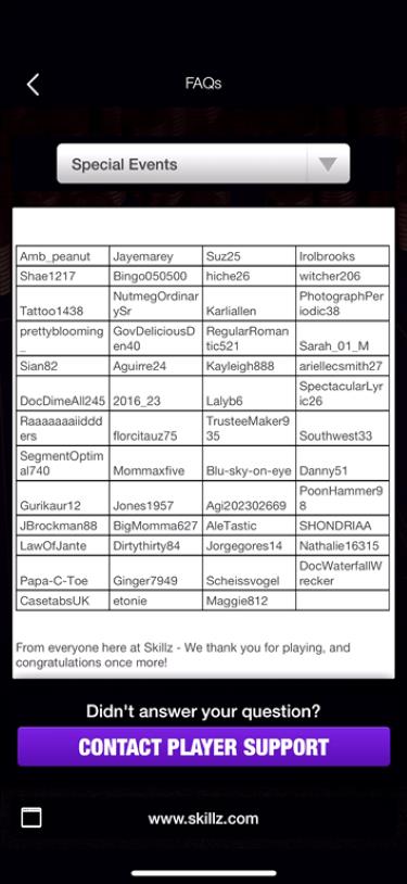 List of sweepstake winners on the 21 Blitz gaming app.