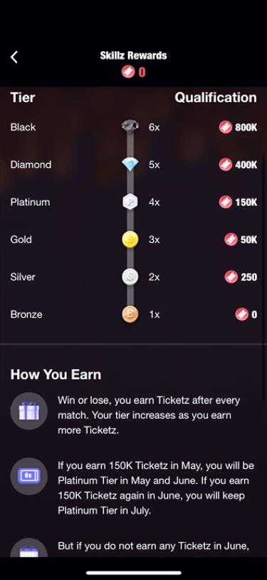 Tier system for the 21 Blitz gaming app.