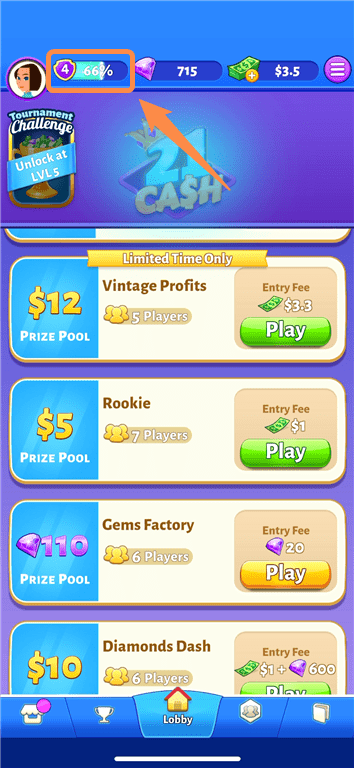 The XP meter filling up on 21 Cash.