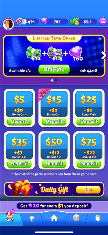 The Daily Gift on the 21 Cash page for deposit payments.