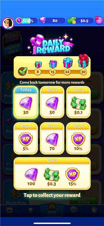 Daily Rewards of free in-app credits available on the 21 Cash gaming app.