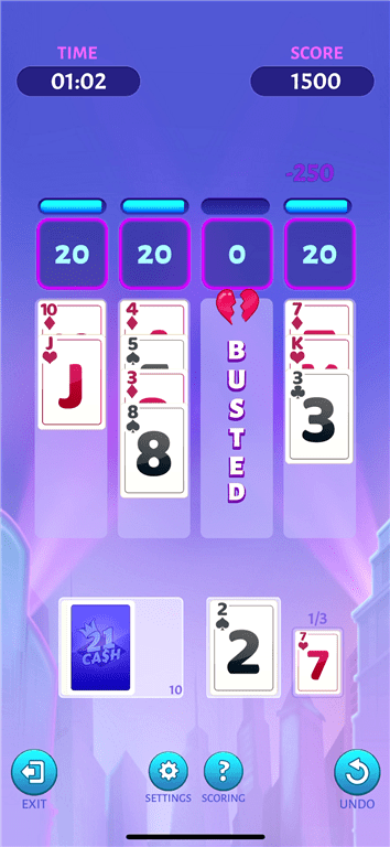 Going bust while playing a game on the 21 Cash app.