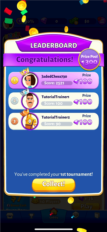 Results for the 21 Cash practice game.