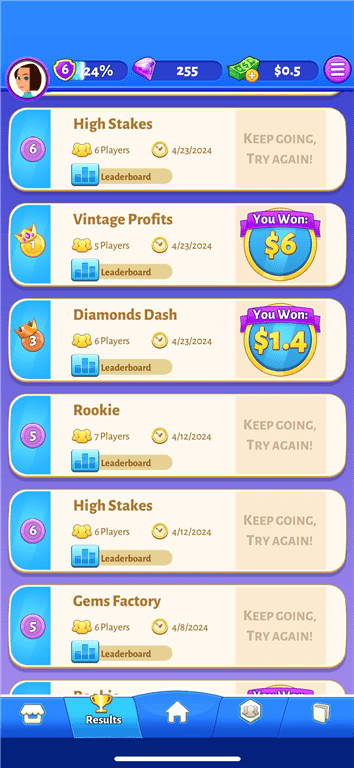 Viewing the results of various 21 Cash games.