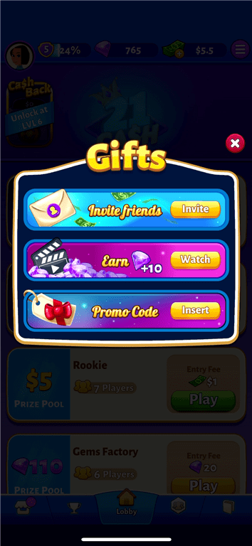 Entering a promo code to earn rewards on the 21 Cash gaming app.