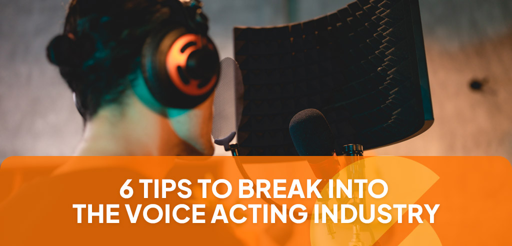 Voice actor wearing headphones and speaking into a microphone, which symbolizes breaking into the voice acting industry