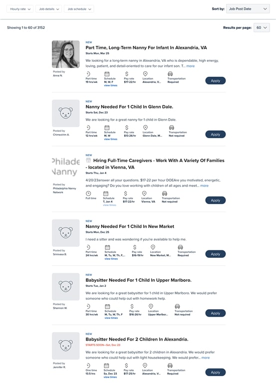 Care.com Screenshot Example Job Listings