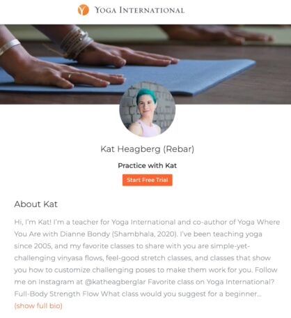 Professional yoga instructor Kat Rebar's Yoga International Profile "About Kat" page