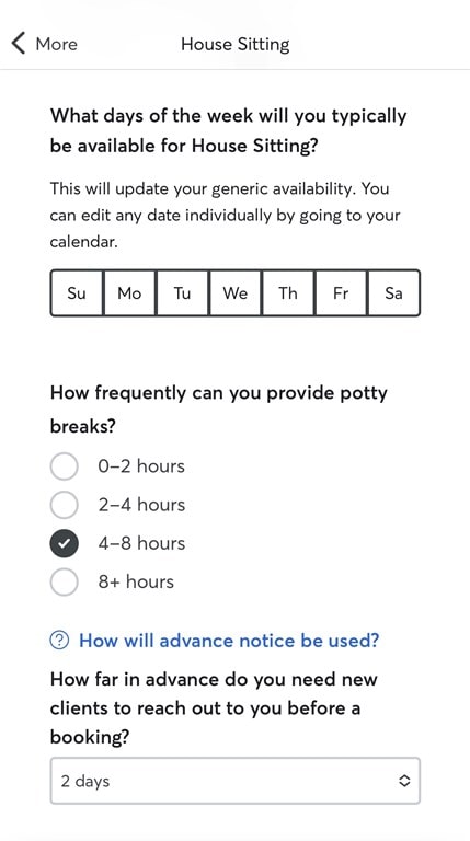 In-app screenshot showing worker availability options for house sitting on the Rover app.