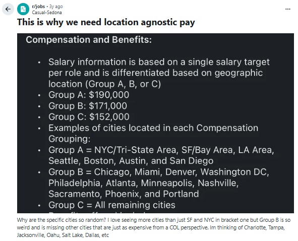A Reddit post showing a screenshot of a company's differing compensation ranges depending on employees' address.