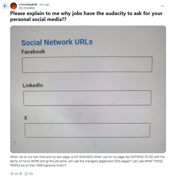Screenshot of job application asking candidates to insert links to their social media profiles. 
