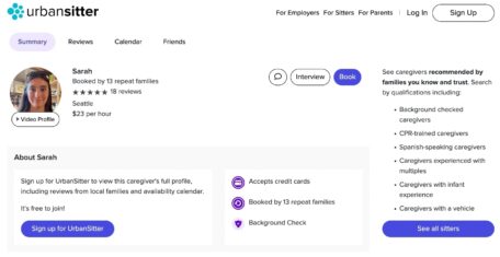 Screenshot of Sarah Matisse's profile on UrbanSitter.