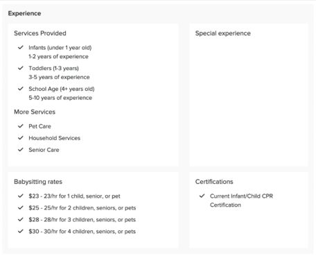 Screenshot of Sarah Matisse's babysitting credentials on UrbanSitter.