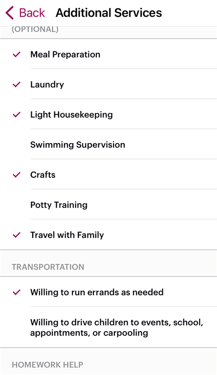 In-app screenshot showing examples of additional services you can offer on Sittercity.