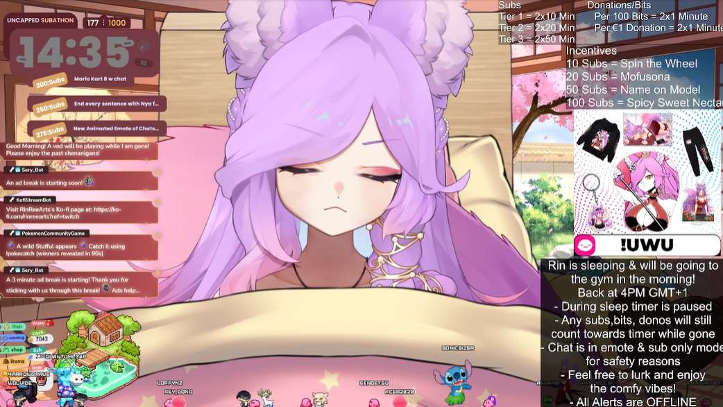 Screenshot of a sleep stream with a VTuber model animated to look like it's sleeping.