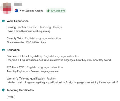 List of Cambly tutor Jodi Wade's work experience, education, and teaching certificates