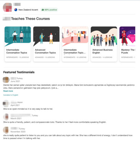 Online teacher Jodi Wade's Cambly student testimonials and offered courses