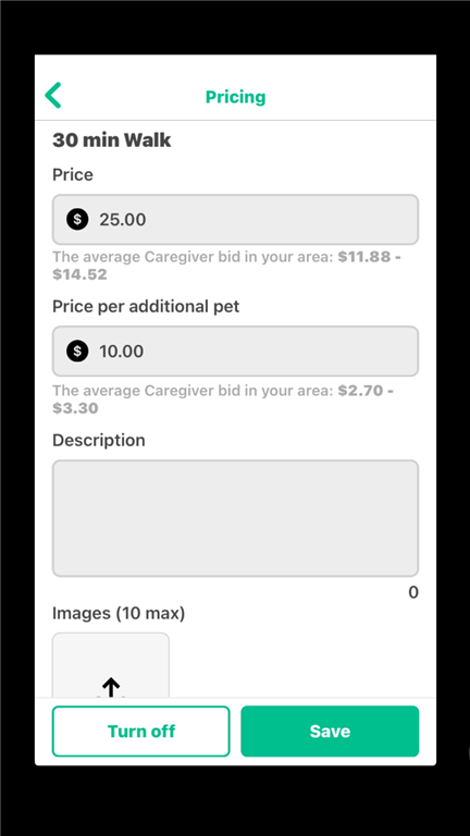 In-app screenshot showing how you set your Wag! rates for a 30-minute walk.