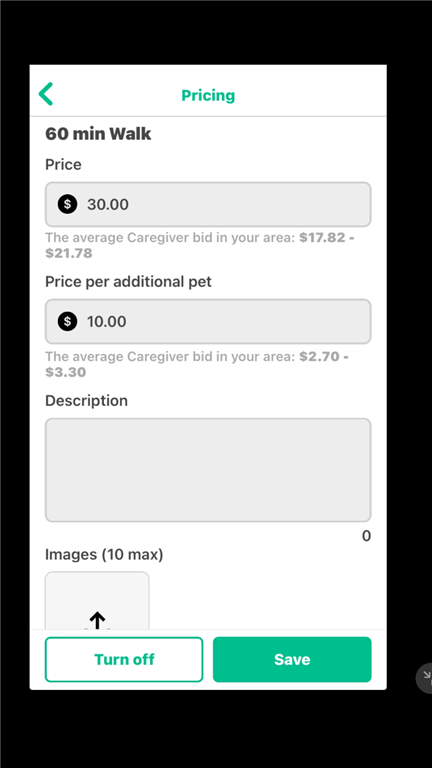 In-app screenshot showing how you set your Wag! rates for a 60-minute walk.