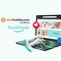 Laptop open to Amazon Handmade website and hands typing, representing a crafter or artisan signing up to sell on Amazon