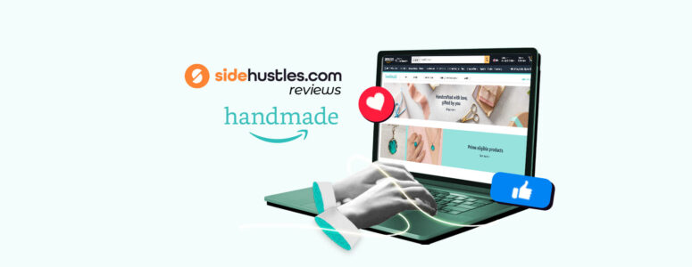 Laptop open to Amazon Handmade website and hands typing, representing a crafter or artisan signing up to sell on Amazon