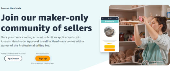 Seller signup page for Amazon Handmade, Amazon's homemade product selling platform