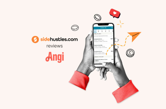 Hands of an Angi Services worker holding a smartphone displaying the interface of the Angi mobile app