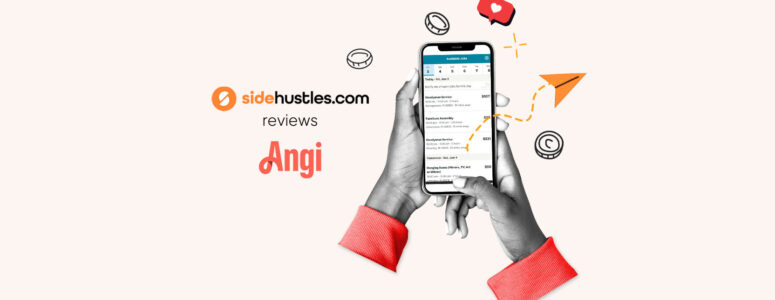 Hands of an Angi Services worker holding a smartphone displaying the interface of the Angi mobile app