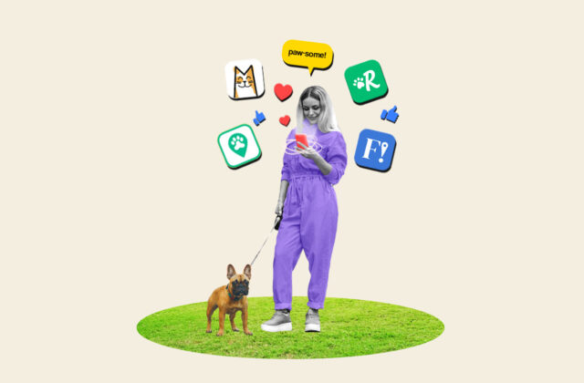 Woman walking a dog surrounded by the logos of different side hustle apps for pet sitters