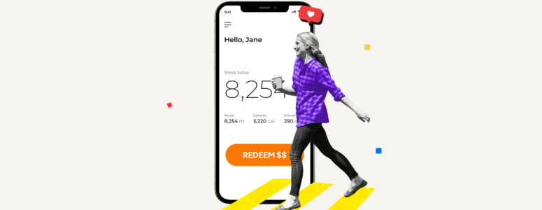 Woman walking in front of a smartphone showing a pedometer representing apps that pay you to walk