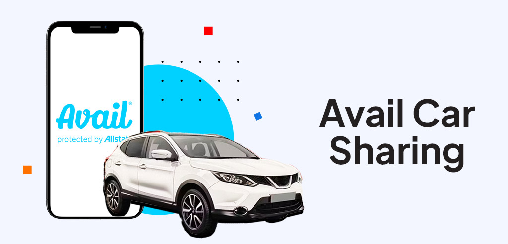 White car in front of a smartphone displaying the Avail logo