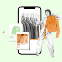 Woman holding an article of clothing in front of a smartphone screen showing an app used for selling clothes online