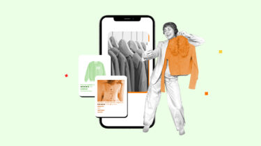Woman holding an article of clothing in front of a smartphone screen showing an app used for selling clothes online