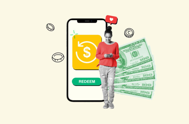 Woman standing in front of a background showing a smartphone and a stack of money representing the best cash back apps.