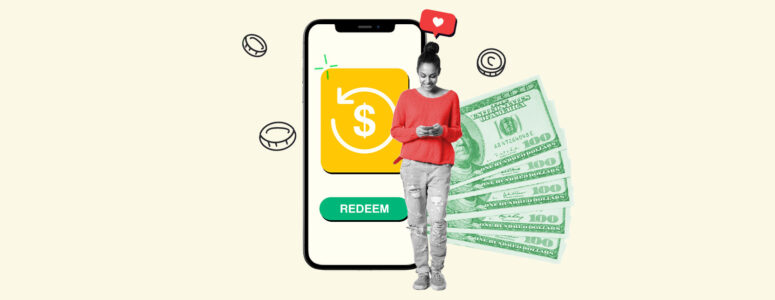 Woman standing in front of a background showing a smartphone and a stack of money representing the best cash back apps.