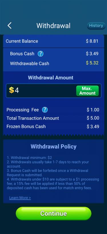 Withdrawing cash from the Bingo Clash app.