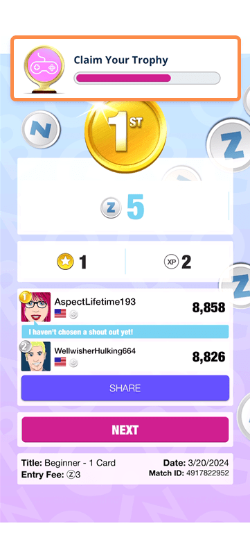 Claiming trophies manually on the Blackout Bingo gaming app.