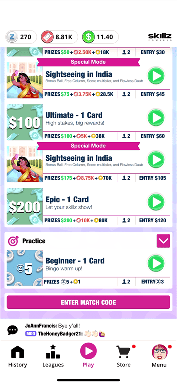 Practice game on the Blackout Bingo gaming app.