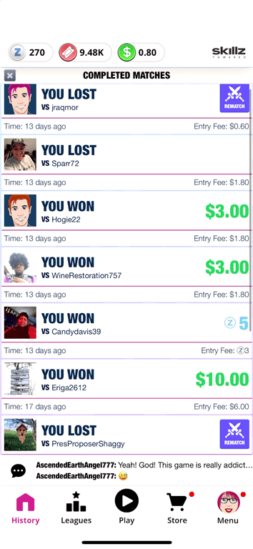 Results of Blackout Bingo games. 