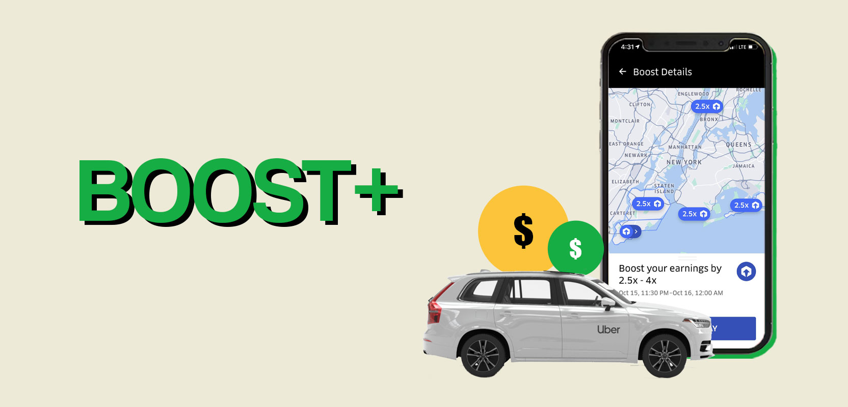 Smartphone with the Uber Boost+ page on the screen