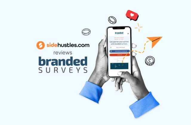 branded surveys review with someone using branded surveys on a phone