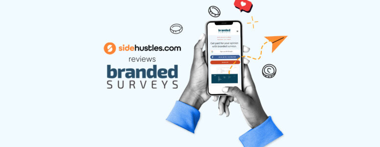 branded surveys review with someone using branded surveys on a phone
