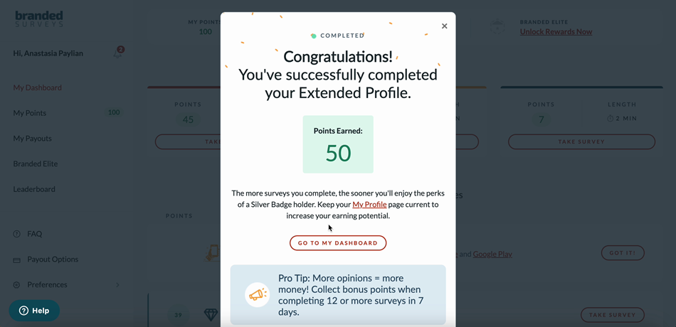 screenshot of branded surveys signup bonus