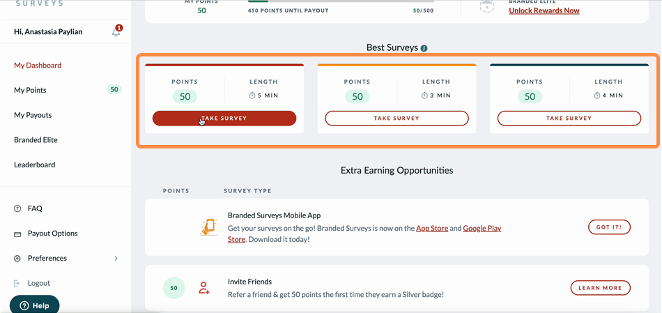 branded surveys taking surveys dashboard screenshot
