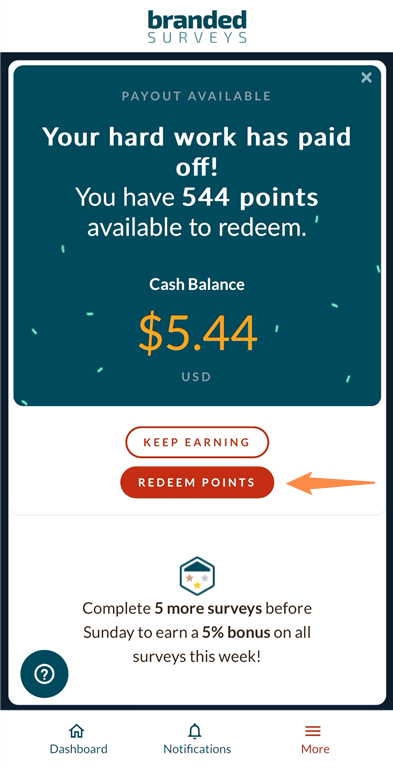 branded surveys withdraw screen