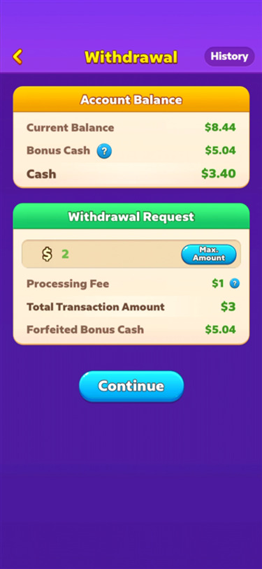 Withdrawable cash versus Bonus Cash on the Bubble Buzz balance.