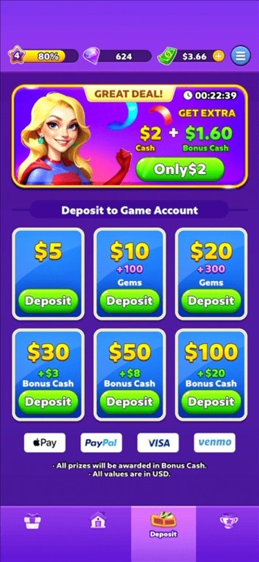 Denominations available for paying Bubble Buzz deposits.